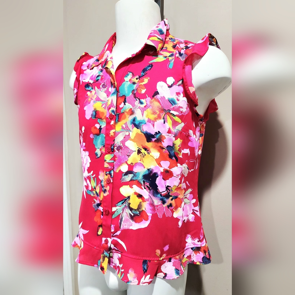 NWT NY&Company Floral Flounced-Hem Blouse Size Large - Picture 2 of 10